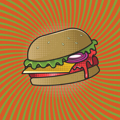 Retro Swirling Background Graphic with Dripping Sauce Burger
