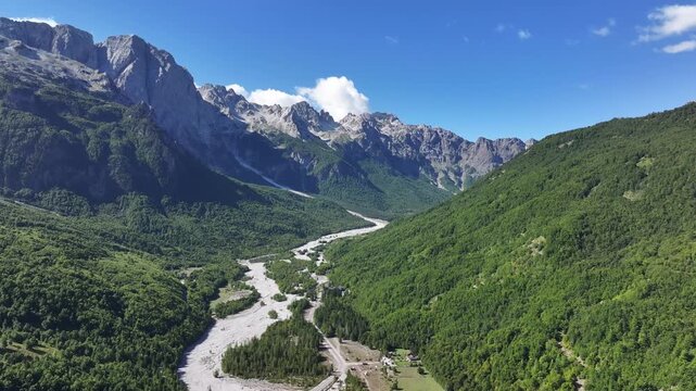 Aerial view of the Albanian Alps and Valbon&euml; Valley in northern Albania