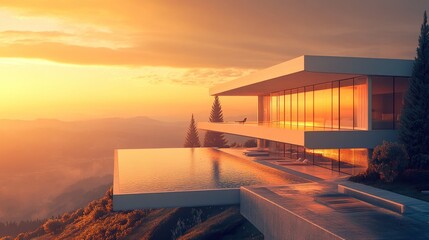 Modern luxury home with infinity pool perched on a mountaintop at sunset.  Vast glass windows reflect the golden hour light, overlooking a misty mountain range.  Stunning architectural design.