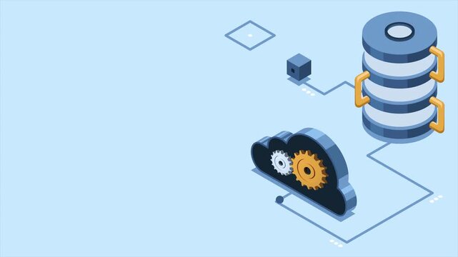 Isometric cloud database animation. Database with cloud server. Cloud storage. Data transmission technology. Isometric technology. 4K video animated in isometric style
