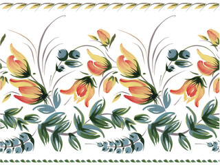 Floral vector seamless border pattern from yellow flowers and blue berries on a white background