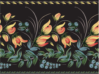 Floral vector seamless border pattern from yellow flowers and blue berries on a black background
