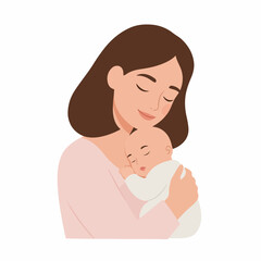 Minimalist Flat Illustration Mother Holding a Sleeping Baby Infant in Arms