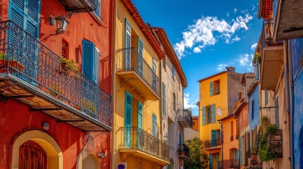 Obraz premium Colorful buildings with balconies create a vibrant street scene, where buildings radiate under the bright sky. Blue shutters and greenery adorn the balconies, enhancing the charm.