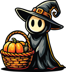 Cute reaper character wearing witch hat holding pumpkin basket for Halloween