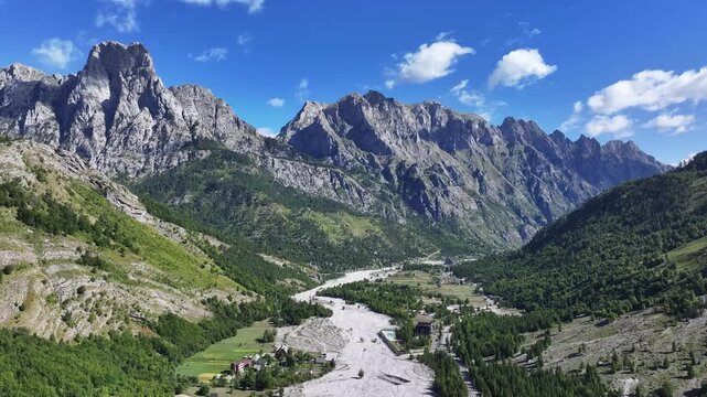 Aerial view of the Albanian Alps and Valbon&euml; Valley in northern Albania