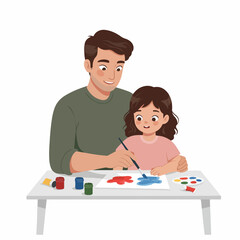 Cartoon Illustration of Father and Daughter Painting Together on Paper Art