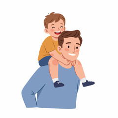 Cartoon Cheerful Father Giving Piggyback Ride to Little Son Illustration