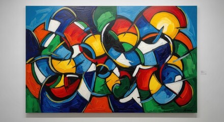 A colorful abstract painting with a vibrant mix of colors and geometric shapes.