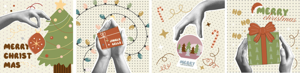 Merry Christmas and New Year greeting cards set. Xmas and winter holiday square postcards with fir tree, decoration, ornament, pattern and gifts in retro style. Flat vector illustrations