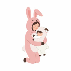 Cute Cartoon Girl in Bunny Costume Hugging Lamb Plush Doll