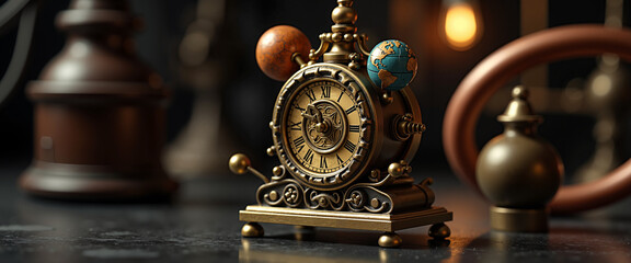Vintage clock with globes and decorative elements on a dark surface  