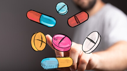 Medical treatment, digital healthcare, online pharmacy, drug selection, medicine concept.  Perfect for websites and presentations.