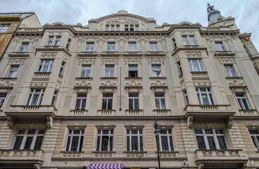Ornate Baroque façade on historic buildings in Old Town Prague, Czech Republic, showcasing cultural heritage 1