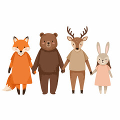 Cute Cartoon Holding Hands Woodland Animals Characters Illustration