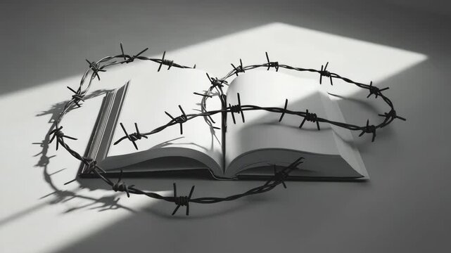 Symbolic Still Life of a Book Bound by Metal Wire on Pale Surface |

Conceptual Representation of Restricted Knowledge in Minimal Monochrome