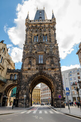 Late-Gothic Powder Tower in Prague, Czech Republic, with ornate sculptural decoration on its historic facade