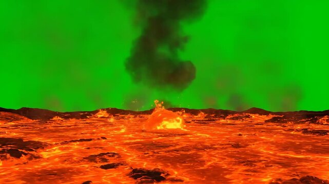 Animated lava flow erupting on green screen. Visual effects sequence of molten rock bubbling and spreading across surface. Digital VFX animation for film and game production.
