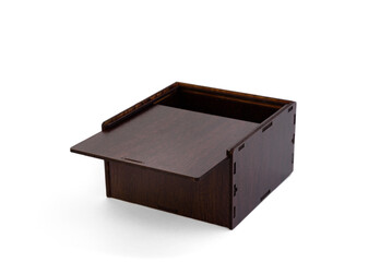Wooden packing box for leather belt isolated on white background.