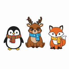 Obraz premium Cute winter animals penguin deer fox cartoon characters vector illustration scalable eps