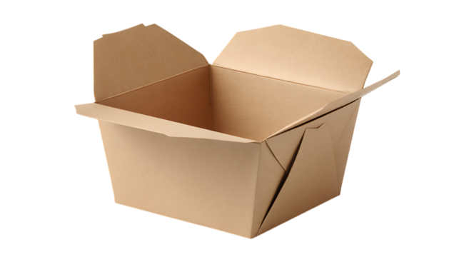 Open brown cardboard takeout box isolated on transparent background for food delivery