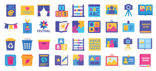 Fototapeta premium Colorful flat icons set of office and school supplies in blue and yellow