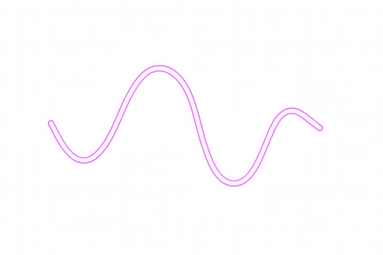 Glowing purple neon sine wave, abstract curvy light line creating a modern fluid design on transparent background