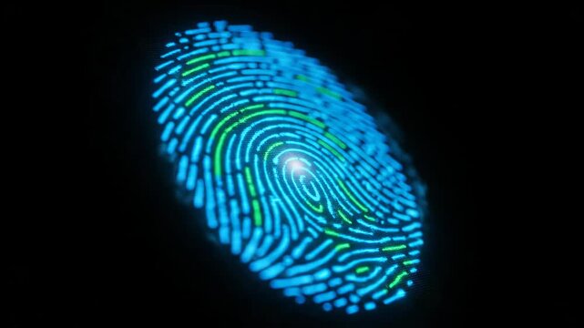 Digital fingerprint hologram emerges in blue and green glow. Biometric scanning technology visualization. Futuristic secure identification concept animation footage.