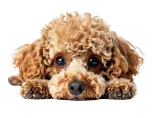 Cute Brown Toy Poodle Lying Down Looking at Camera — Transparent Background