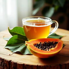 A cup of papaya tea with a slice of papaya on a wooden table
