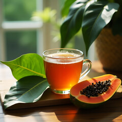 A cup of papaya tea with a slice of papaya on a wooden table in sunlight