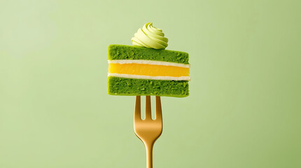 Matcha cake on a fork isolated on green background, delicious dessert