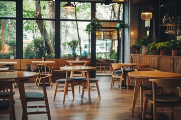 Fototapeta premium Modern cafe interior with wooden furniture and plants