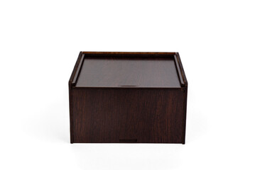 Wooden packing box for leather belt isolated on white background.