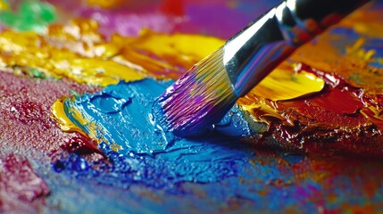 Fototapeta premium Close Up View of a Paintbrush Applying Blue Paint to a Colorful Palette for Vibrant Art Creation