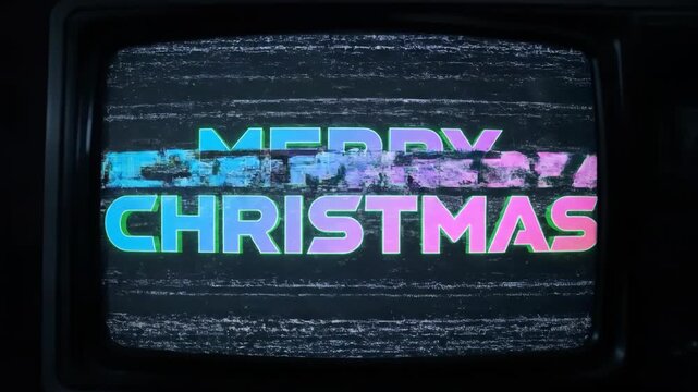 Retro TV screen showing Merry Christmas greeting. Vintage animated text in colorful glow. Holiday message broadcast style for festive season celebration footage.
