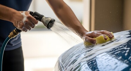 person washing car with hose and sponge