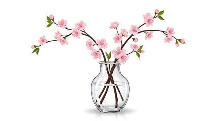 Delicate pink cherry blossom flowers arranged in a transparent glass vase on a white background.