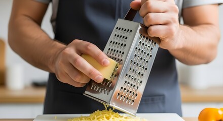 man grating fresh cheese kitchen cooking home prep meal