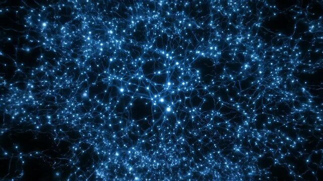 Blue neural network animation forming glowing connections. Vfx digital effect showing abstract data links pulsing and expanding in sci-fi style