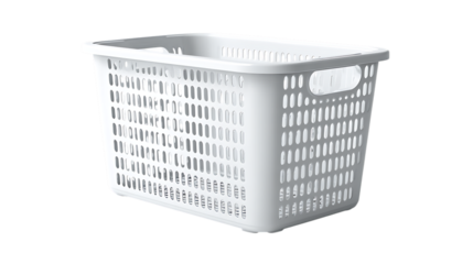 White plastic laundry basket with holes isolated on transparent background, storage