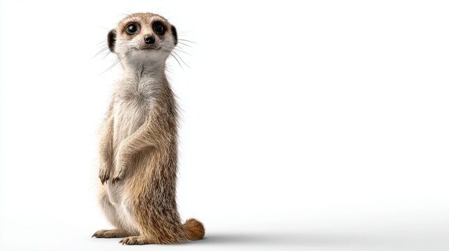 Adorable meerkat standing upright in alert pose on white background, small mammal with furry coat and curious expression looking forward