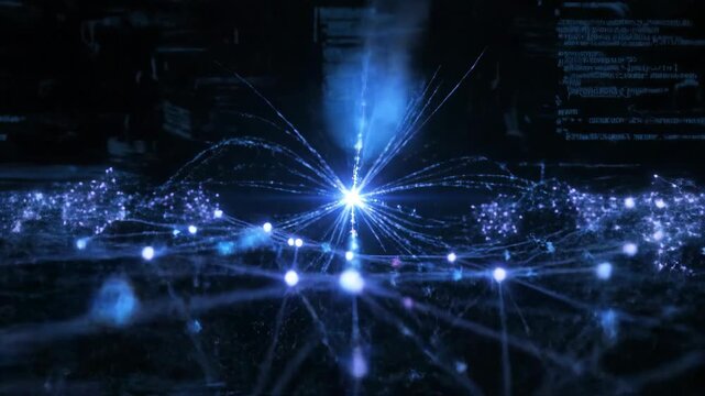 Digital neural network with glowing blue connections forming intricate web and exploding in energy burst. Abstract vfx animation footage of data visualization and sci-fi concept.