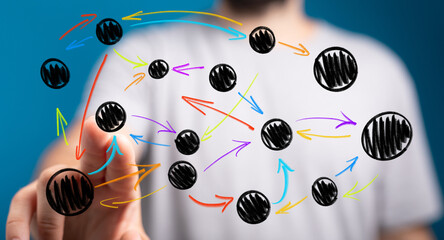 Hand interacting with a digital network graph. Nodes and arrows illustrate connection and flow.
