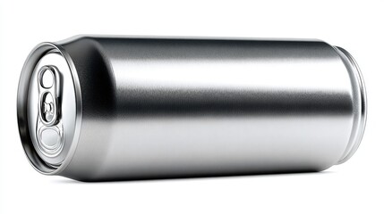 Sleek aluminum beverage can with metallic silver finish and pull tab top isolated on white background. Modern packaging design for drinks, energy products, or carbonated refreshments