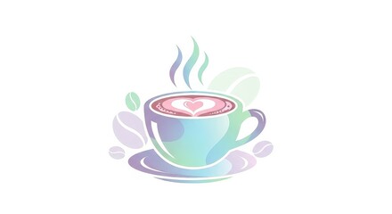 Pastel coffee cup with heart latte art and coffee beans.