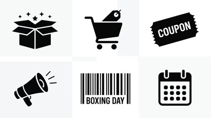 Vector icons set for sales and shopping promotions including box coupon cart barcode megaphone and calendar vector illustration white background