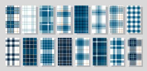 Tartan seamless pattern. Christmas plaid background. Set gingham fabrics. Vichy checkered textile. Flannel blue prints. Check table cloth textures. Lumberjack tablecloth. Vector illustration