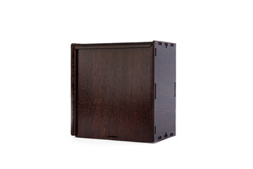 Wooden packing box for leather belt isolated on white background.