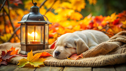 Adorable Golden Retriever Puppy Sleeping by Cozy Lantern Amidst Autumn Leaves labrador